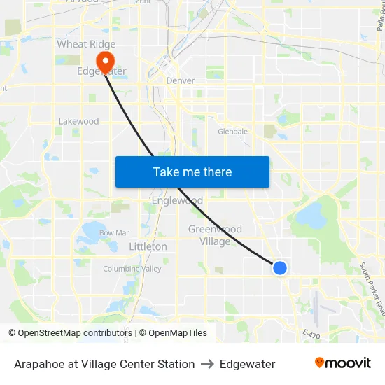 Arapahoe at Village Center Station to Edgewater map
