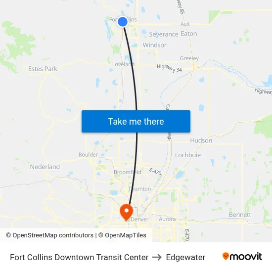 Fort Collins Downtown Transit Center to Edgewater map
