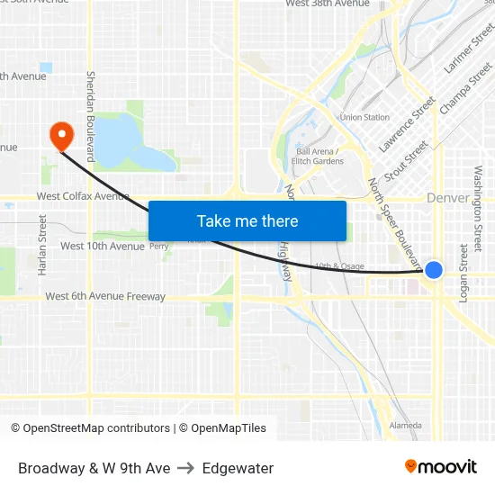 Broadway & W 9th Ave to Edgewater map