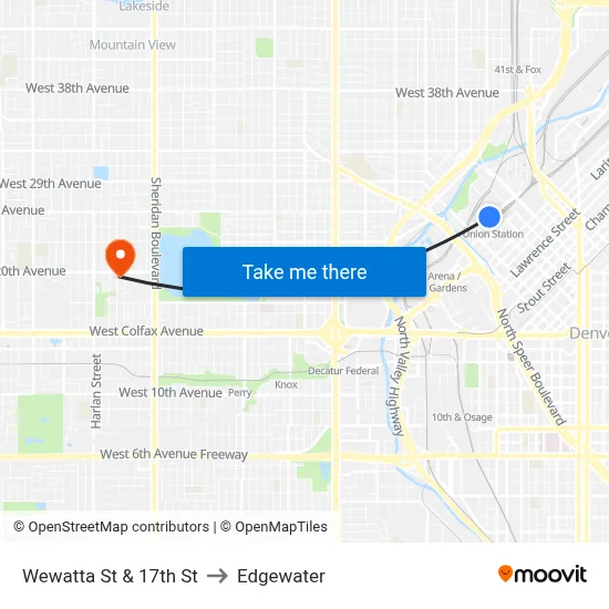 Wewatta St & 17th St to Edgewater map