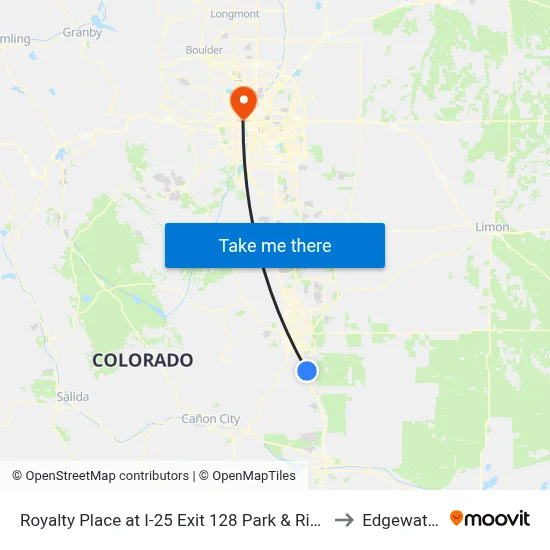 Royalty Place at I-25 Exit 128 Park & Ride to Edgewater map