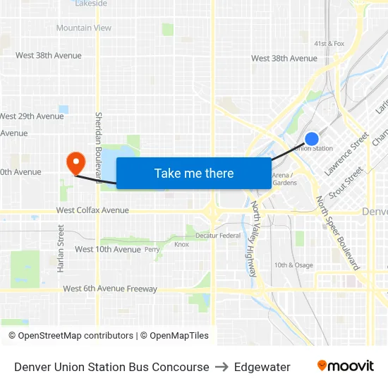 Denver Union Station Bus Concourse to Edgewater map