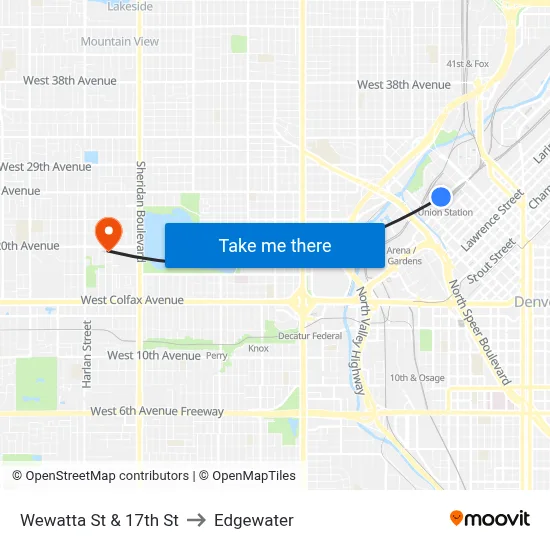 Wewatta St & 17th St to Edgewater map