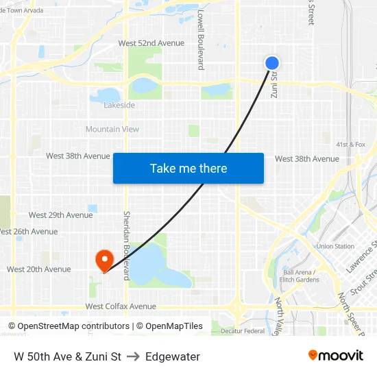 W 50th Ave & Zuni St to Edgewater map