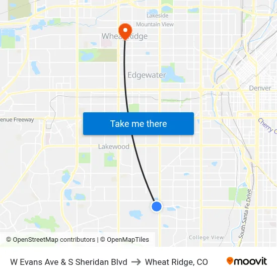 W Evans Ave & S Sheridan Blvd to Wheat Ridge, CO map