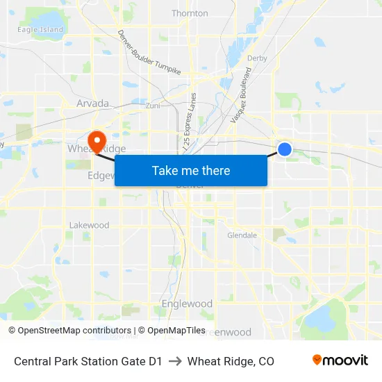 Central Park Station Gate D1 to Wheat Ridge, CO map
