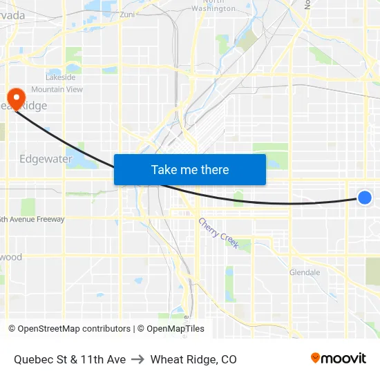 Quebec St & 11th Ave to Wheat Ridge, CO map