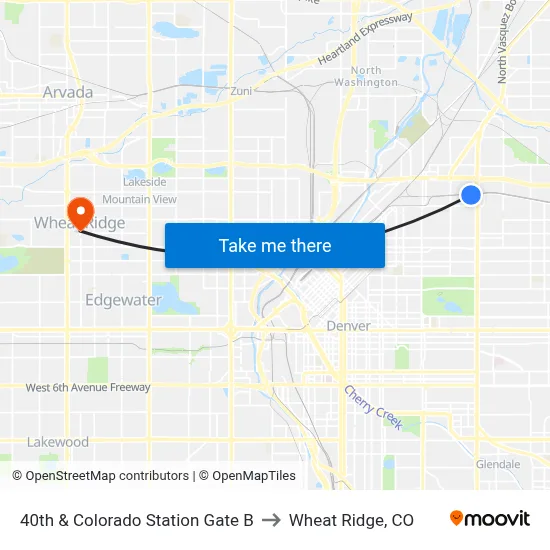 40th & Colorado Station Gate B to Wheat Ridge, CO map