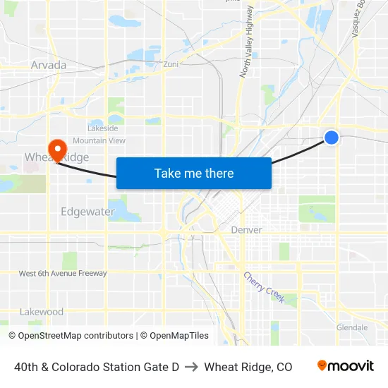 40th & Colorado Station Gate D to Wheat Ridge, CO map