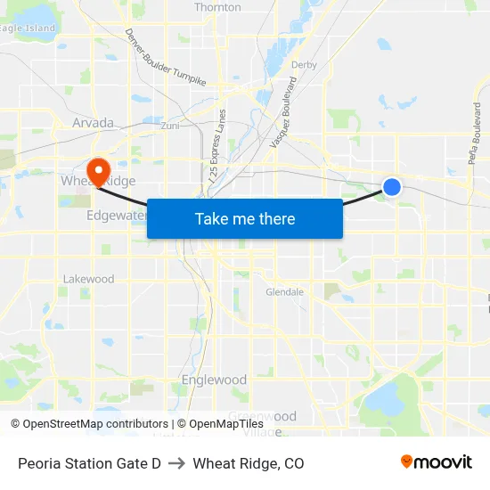 Peoria Station Gate D to Wheat Ridge, CO map