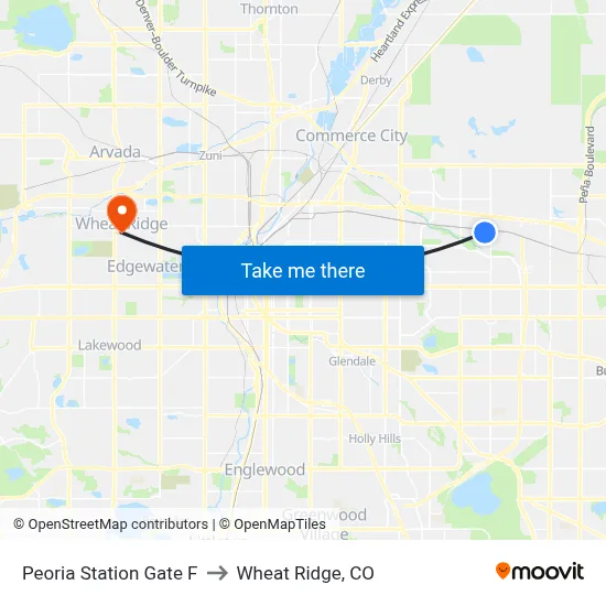 Peoria Station Gate F to Wheat Ridge, CO map