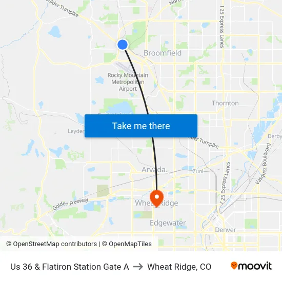Us 36 & Flatiron Station Gate A to Wheat Ridge, CO map