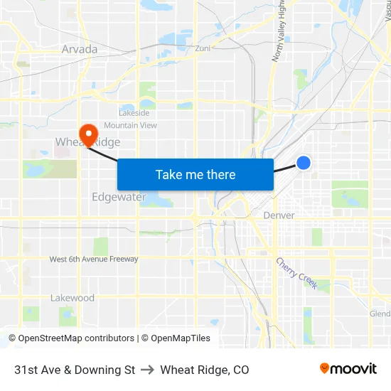 31st Ave & Downing St to Wheat Ridge, CO map