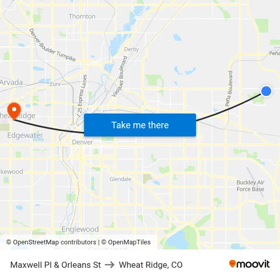 Maxwell Pl & Orleans St to Wheat Ridge, CO map