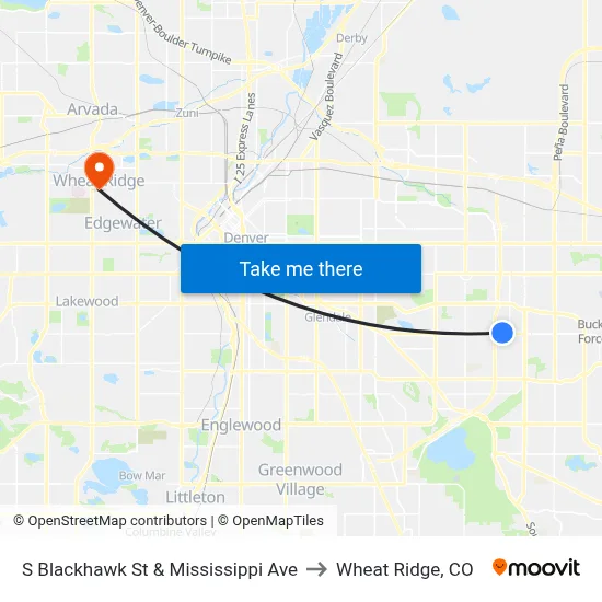 S Blackhawk St & Mississippi Ave to Wheat Ridge, CO map