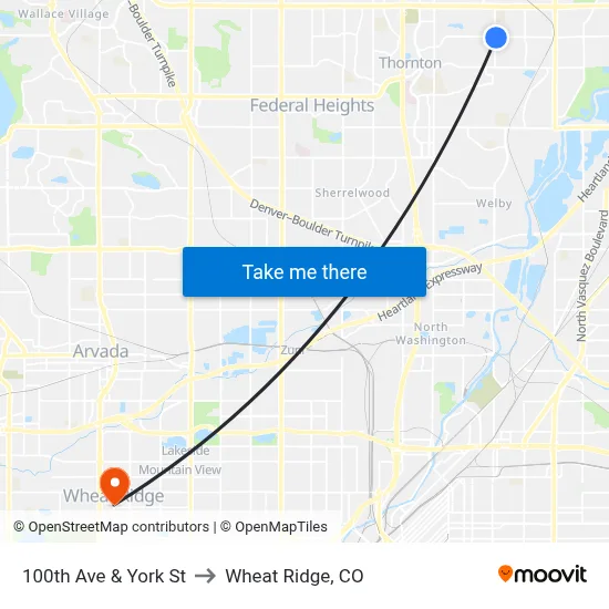 100th Ave & York St to Wheat Ridge, CO map