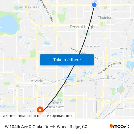 W 104th Ave & Croke Dr to Wheat Ridge, CO map