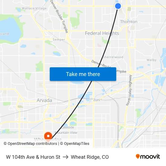 W 104th Ave & Huron St to Wheat Ridge, CO map