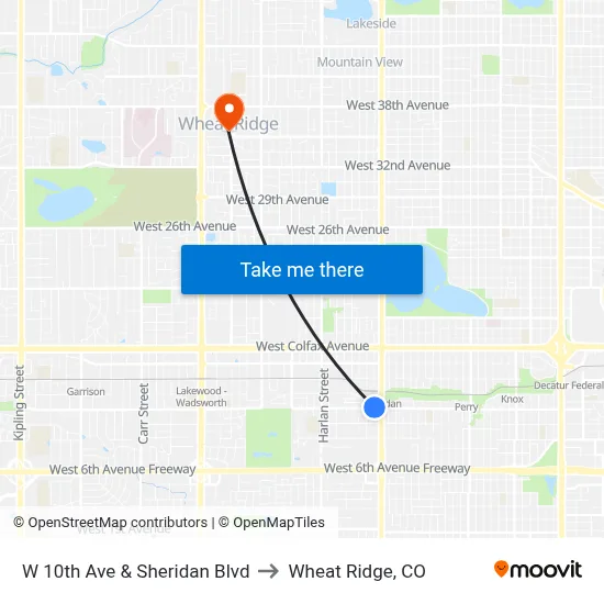 W 10th Ave & Sheridan Blvd to Wheat Ridge, CO map