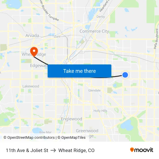 11th Ave & Joliet St to Wheat Ridge, CO map