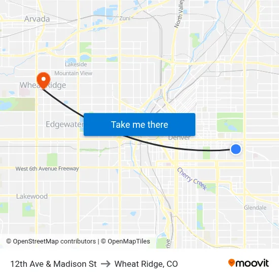 12th Ave & Madison St to Wheat Ridge, CO map