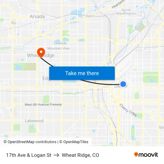 17th Ave & Logan St to Wheat Ridge, CO map