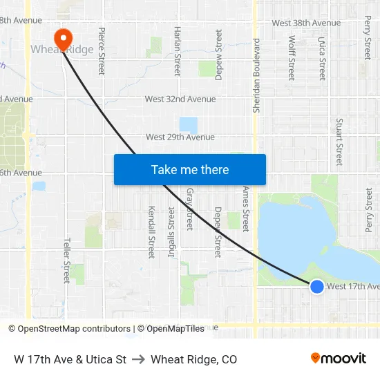 W 17th Ave & Utica St to Wheat Ridge, CO map