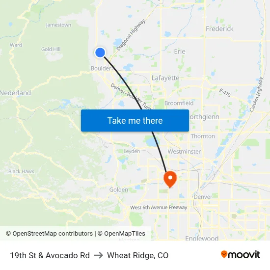 19th St & Avocado Rd to Wheat Ridge, CO map