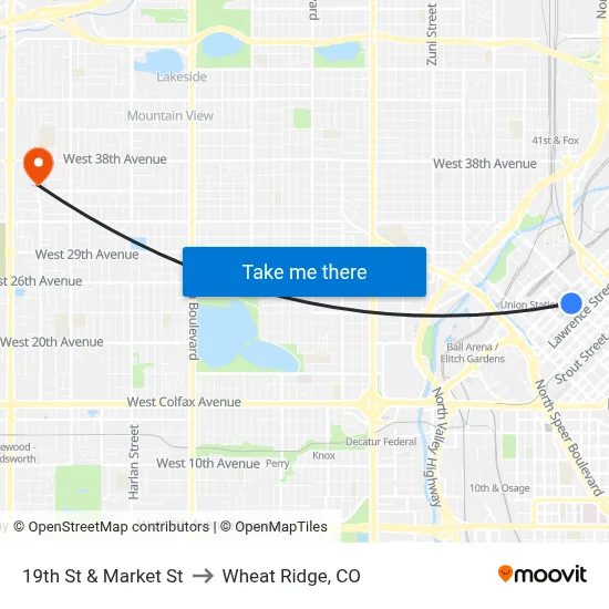 19th St & Market St to Wheat Ridge, CO map