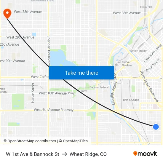 W 1st Ave & Bannock St to Wheat Ridge, CO map