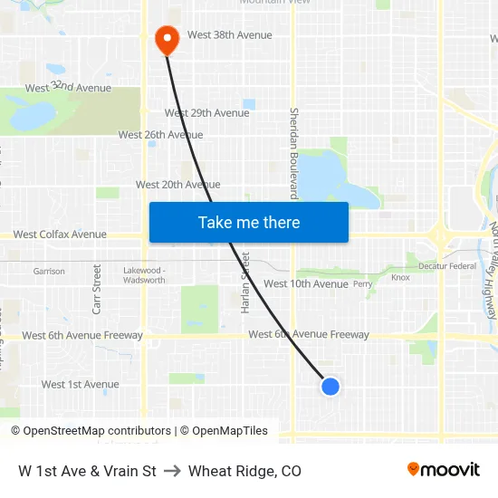 W 1st Ave & Vrain St to Wheat Ridge, CO map