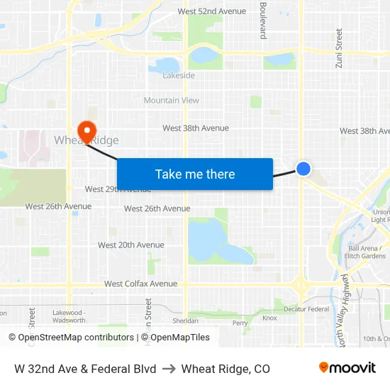 W 32nd Ave & Federal Blvd to Wheat Ridge, CO map