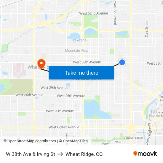 W 38th Ave & Irving St to Wheat Ridge, CO map