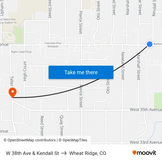 W 38th Ave & Kendall St to Wheat Ridge, CO map