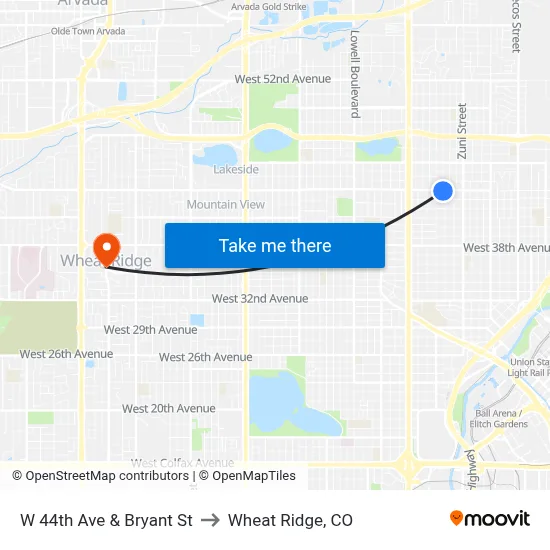 W 44th Ave & Bryant St to Wheat Ridge, CO map