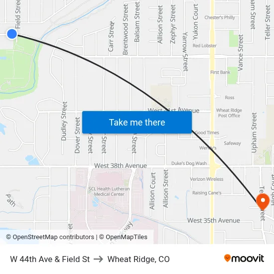 W 44th Ave & Field St to Wheat Ridge, CO map