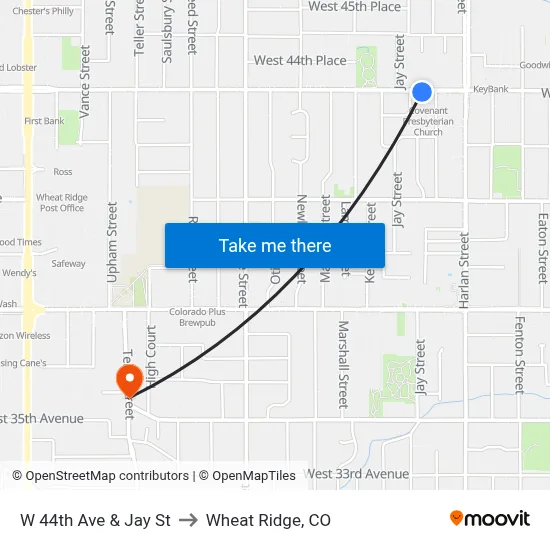 W 44th Ave & Jay St to Wheat Ridge, CO map