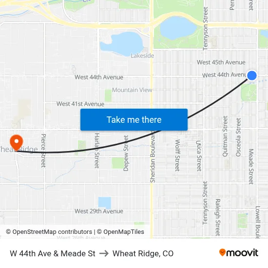 W 44th Ave & Meade St to Wheat Ridge, CO map