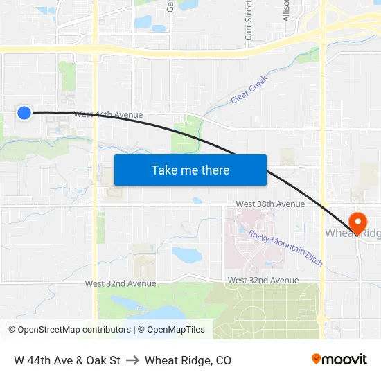 W 44th Ave & Oak St to Wheat Ridge, CO map