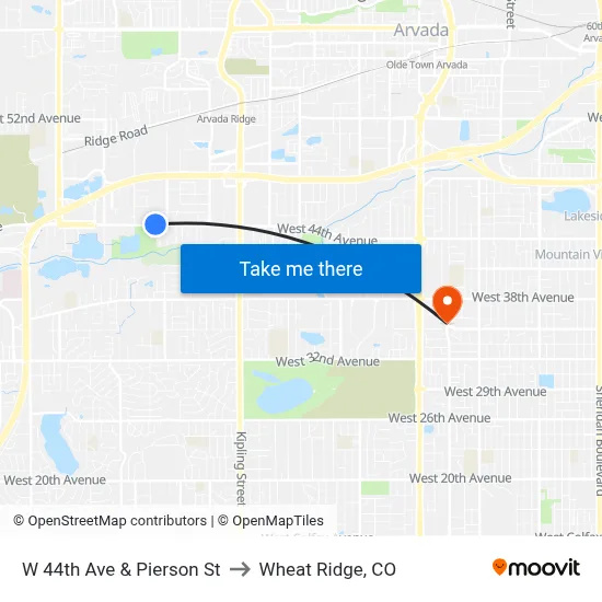 W 44th Ave & Pierson St to Wheat Ridge, CO map