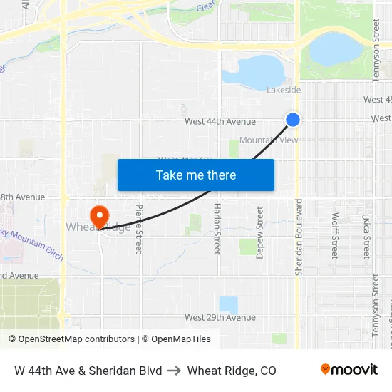 W 44th Ave & Sheridan Blvd to Wheat Ridge, CO map