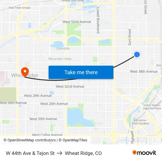 W 44th Ave & Tejon St to Wheat Ridge, CO map