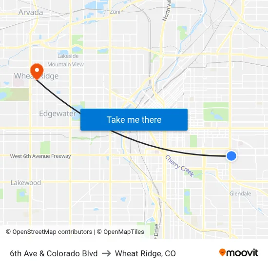6th Ave & Colorado Blvd to Wheat Ridge, CO map
