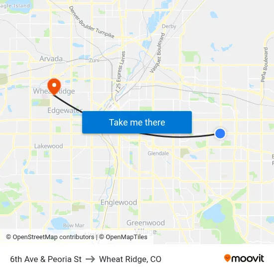 6th Ave & Peoria St to Wheat Ridge, CO map