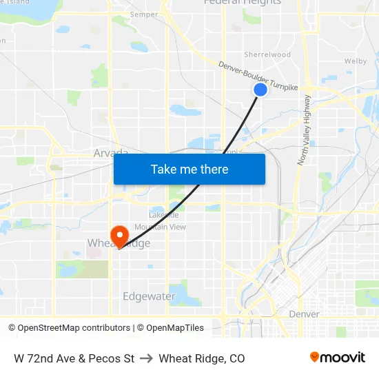 W 72nd Ave & Pecos St to Wheat Ridge, CO map