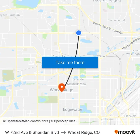 W 72nd Ave & Sheridan Blvd to Wheat Ridge, CO map