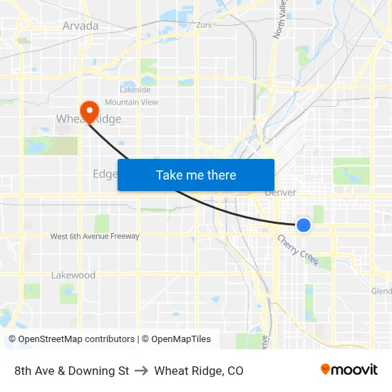 8th Ave & Downing St to Wheat Ridge, CO map