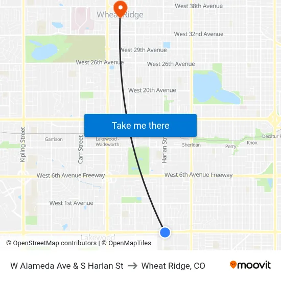 W Alameda Ave & S Harlan St to Wheat Ridge, CO map