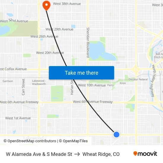W Alameda Ave & S Meade St to Wheat Ridge, CO map