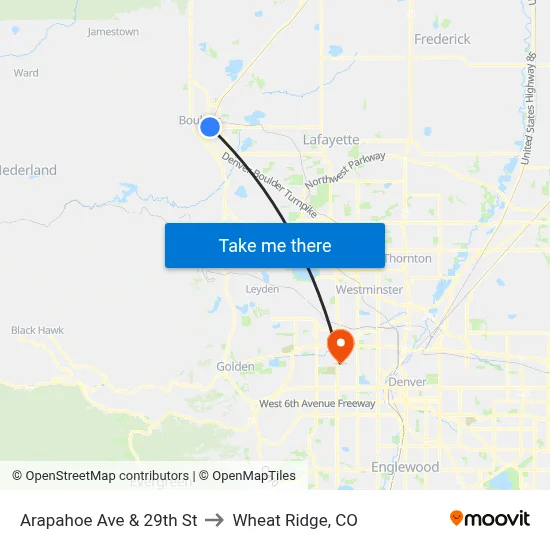 Arapahoe Ave & 29th St to Wheat Ridge, CO map